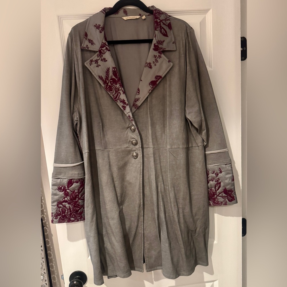 Soft Surroundings Gray Trench Coat with Burgundy Embroidery - Picture 1 of 4
